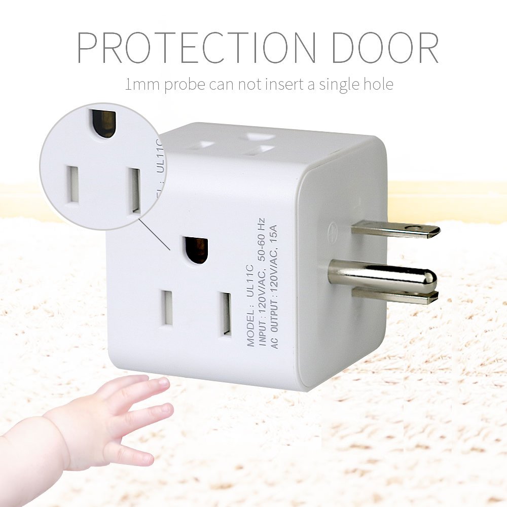 wonplug USA Outlet Adapter Plug 3 Prong Wall Tap 4 Way Power Strip Multi Outlets Grounded to USA Adapter, Indoor Use, White