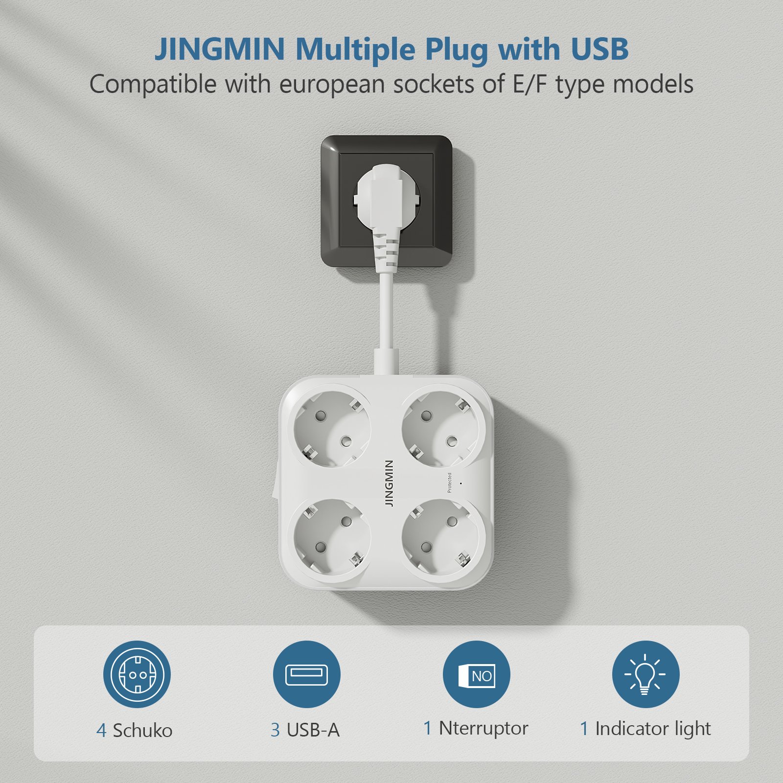 Power Strip with USB 4-Way Multiple Socket with 3 USB 7-in-1 Socket Adapter Wall Plate Socket Multiple Plug for Home