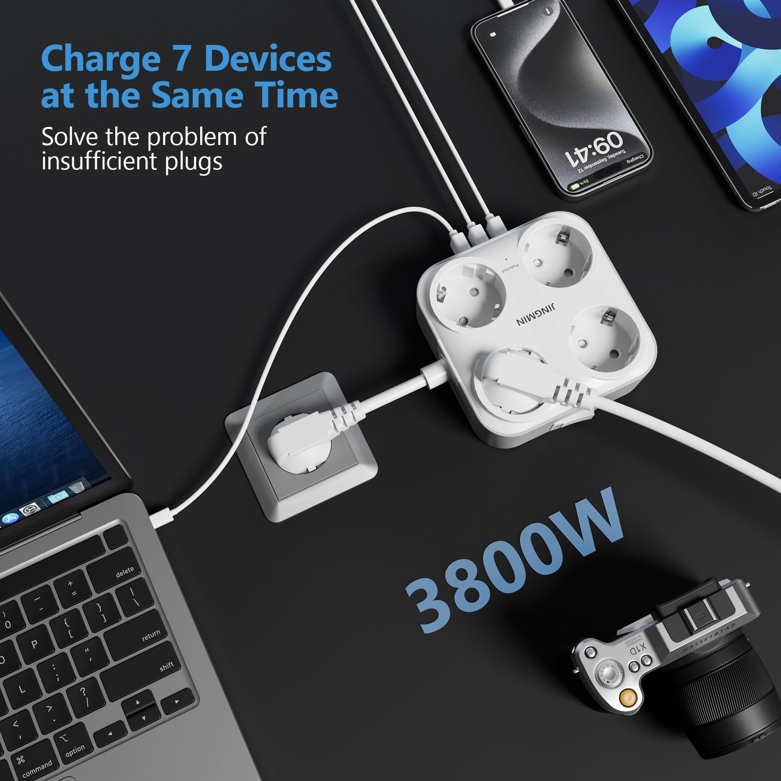 Power Strip with USB 4-Way Multiple Socket with 3 USB 7-in-1 Socket Adapter Wall Plate Socket Multiple Plug for Home