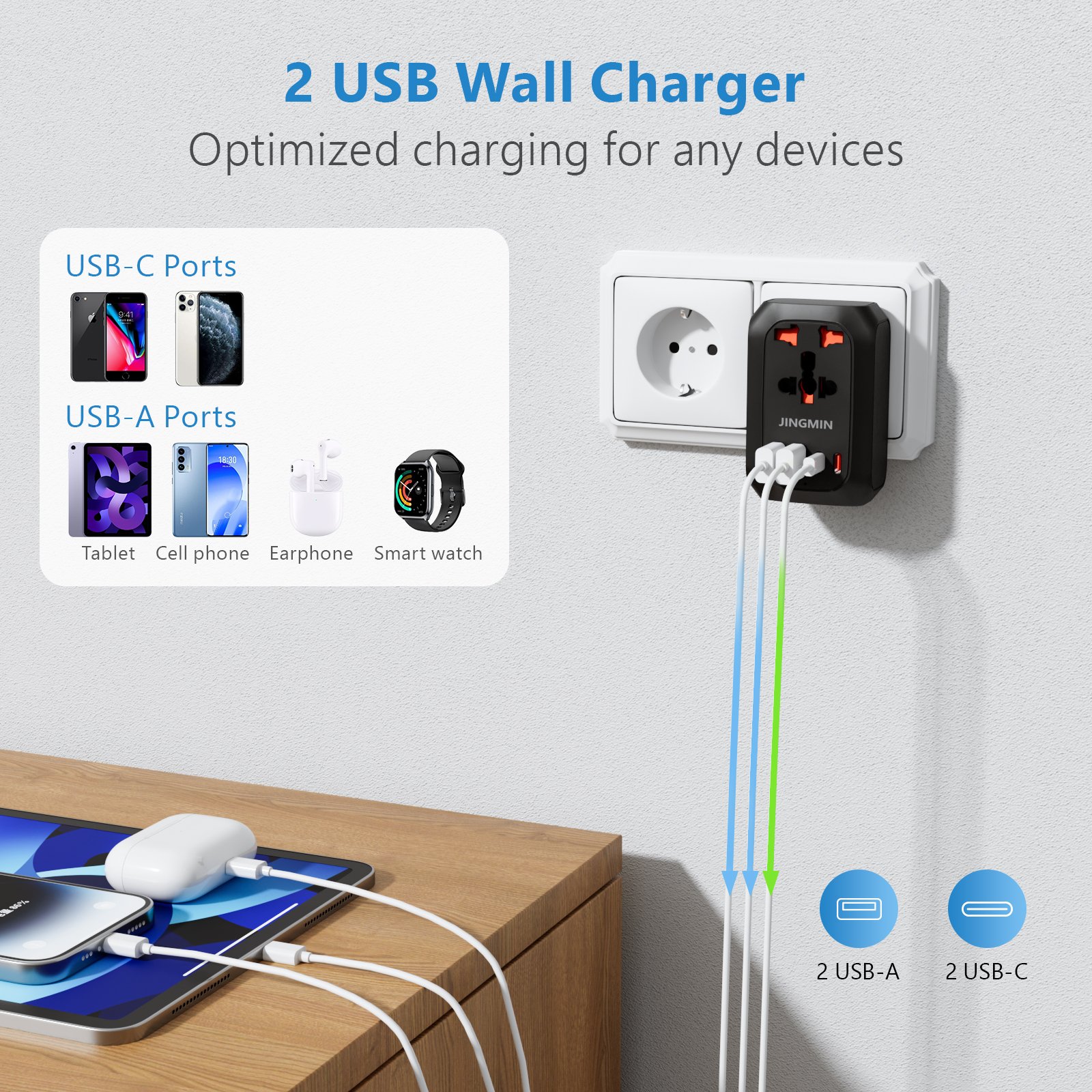 Hot Sale Travel Adapter Universal Power Outlet Adapter with 2 USB 2 Type C Charger UK CN EU South Korea Plug Adapter