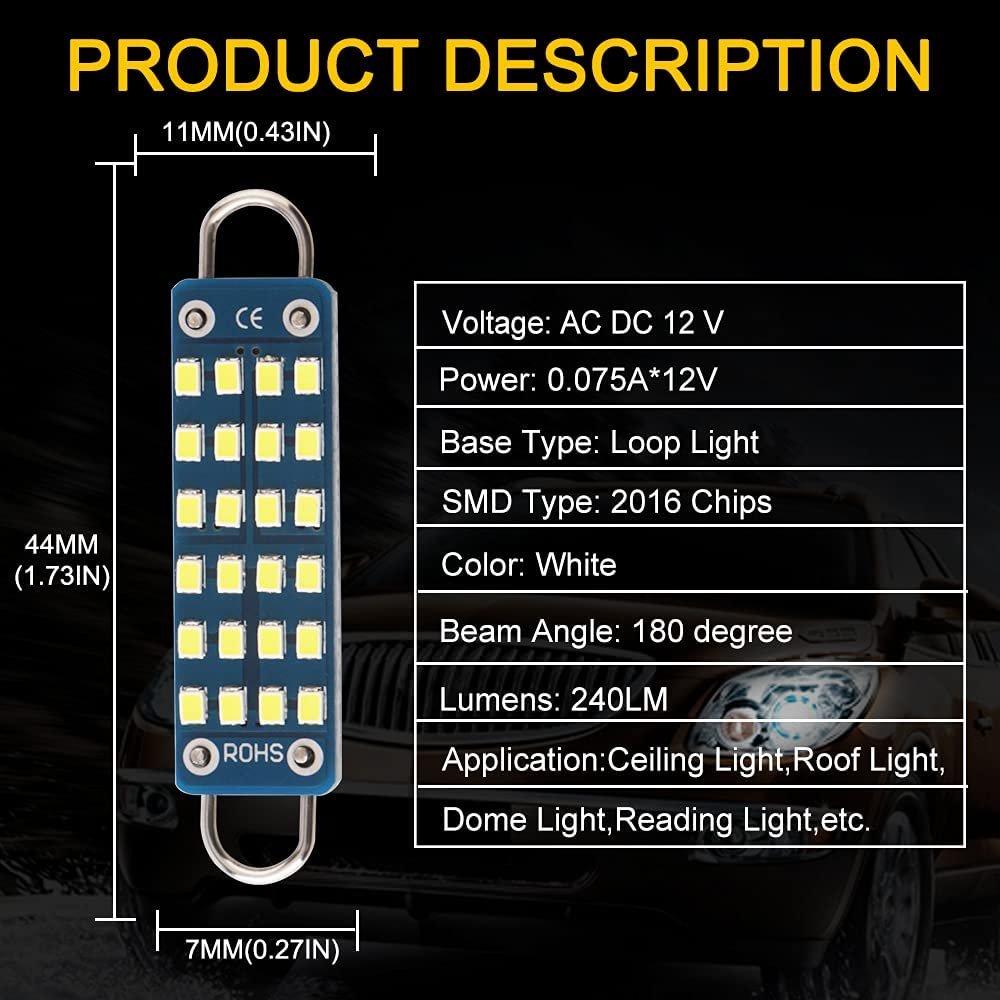 Led AC/DC 12V 44MM Car Loop Festoon Led Bulbs 2016 Chip 211-2 212-2 White Reading Lights Door Lamps Cargo Trunk Lights