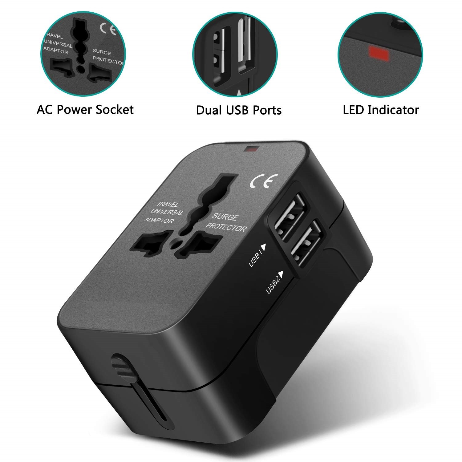 Worldwide All in One Universal Travel Adapter Plug Adapter with Dual USB Charging Ports for USA EU UK AUS Cell Phone Laptop