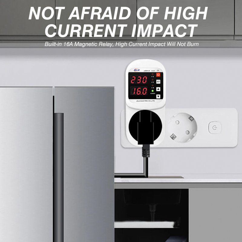 JIUJI Automatic Refrigerator Protect Protector Socket AC 220V Adjustable 16A Voltage Current Leakage Protector Plug Socket