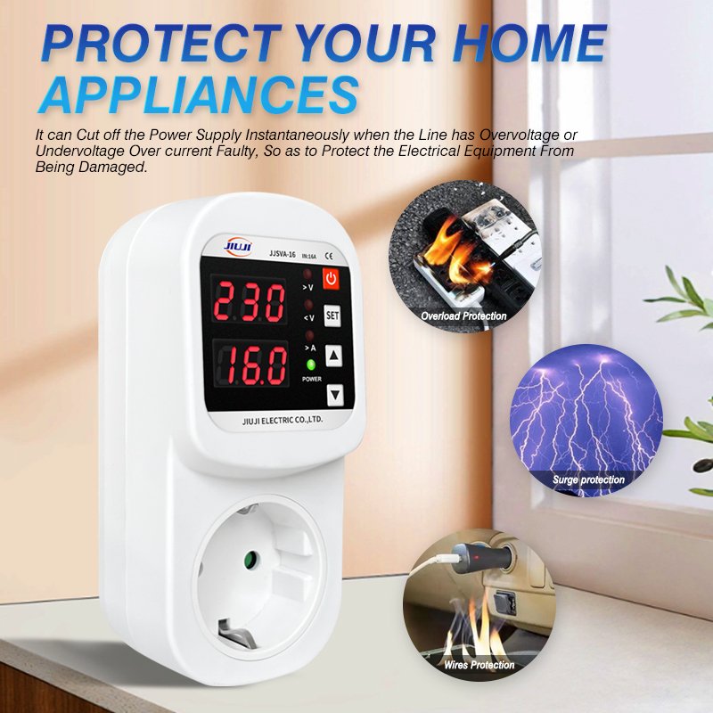 JIUJI Automatic Refrigerator Protect Protector Socket AC 220V Adjustable 16A Voltage Current Leakage Protector Plug Socket