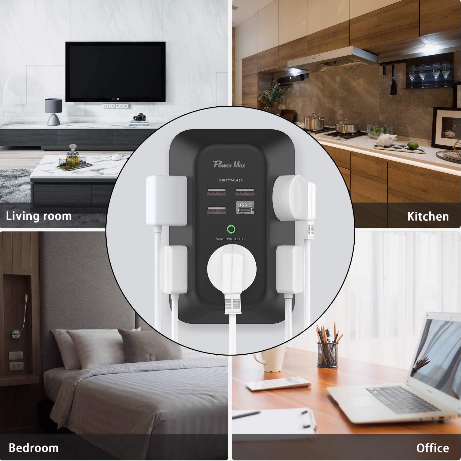 Tonghua 5 Way wall tap surge protector power adapter multi plug outlet extender wall surge protector with usb wall charger