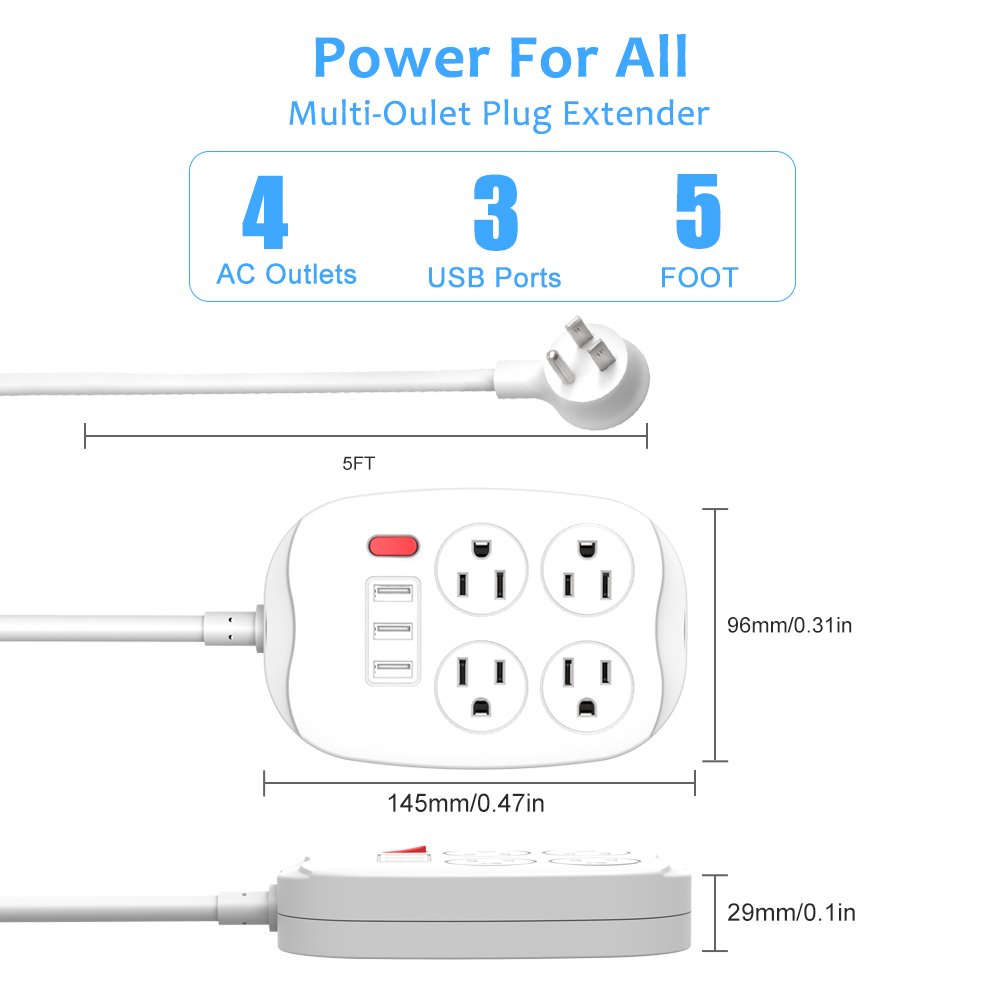 4 Outlets 3 USB Ports Surge Protector Power Strip with Switch US Plug Socket