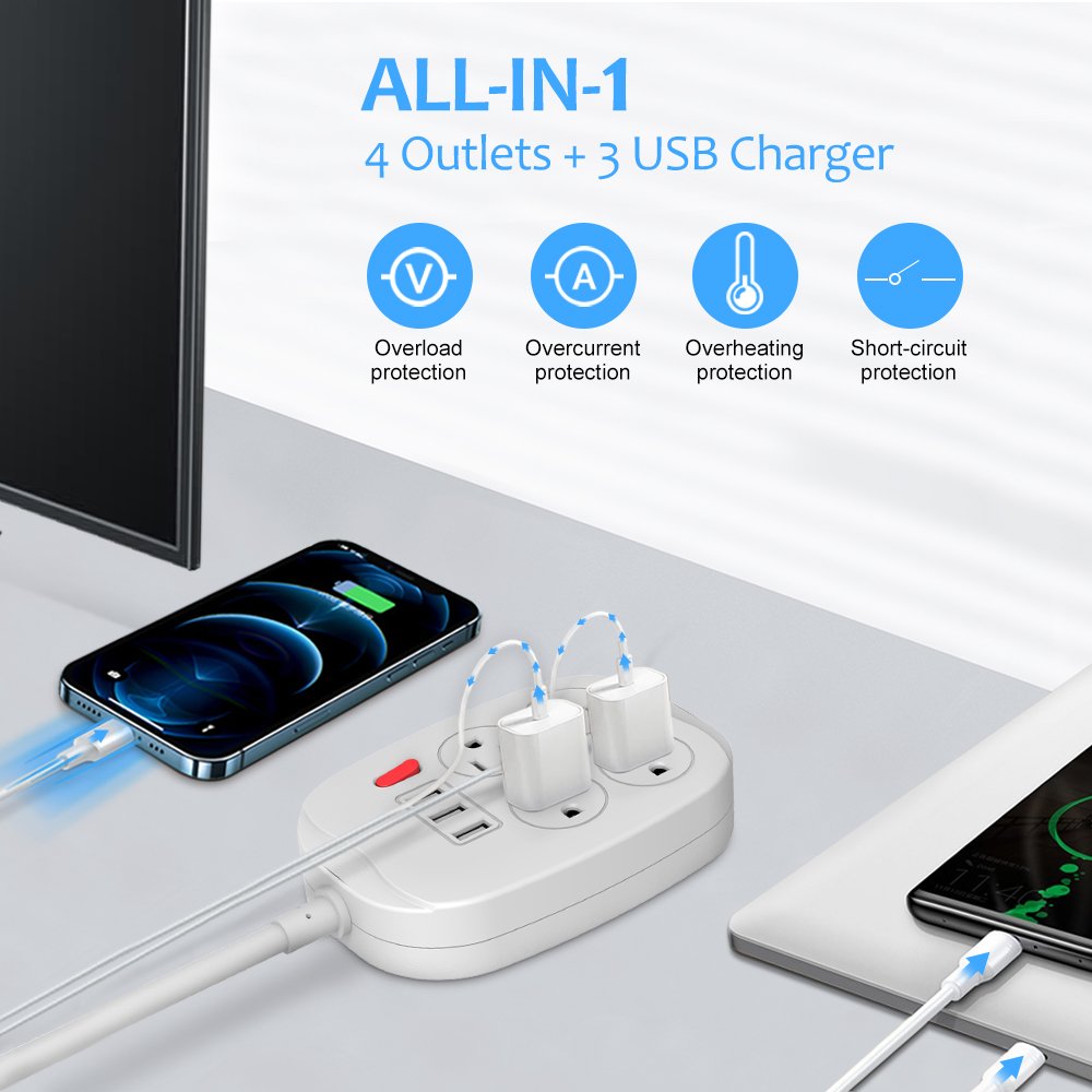 4 Outlets 3 USB Ports Surge Protector Power Strip with Switch US Plug Socket
