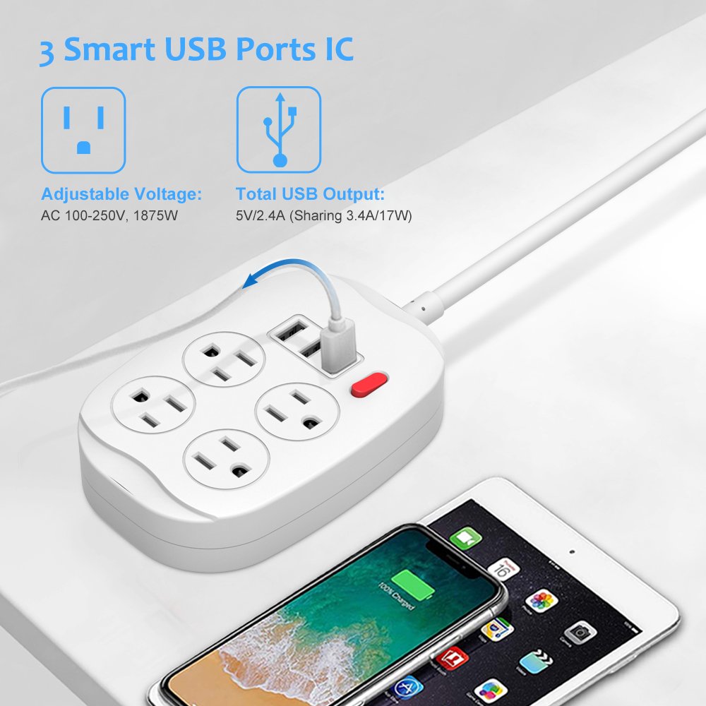4 Outlets 3 USB Ports Surge Protector Power Strip with Switch US Plug Socket