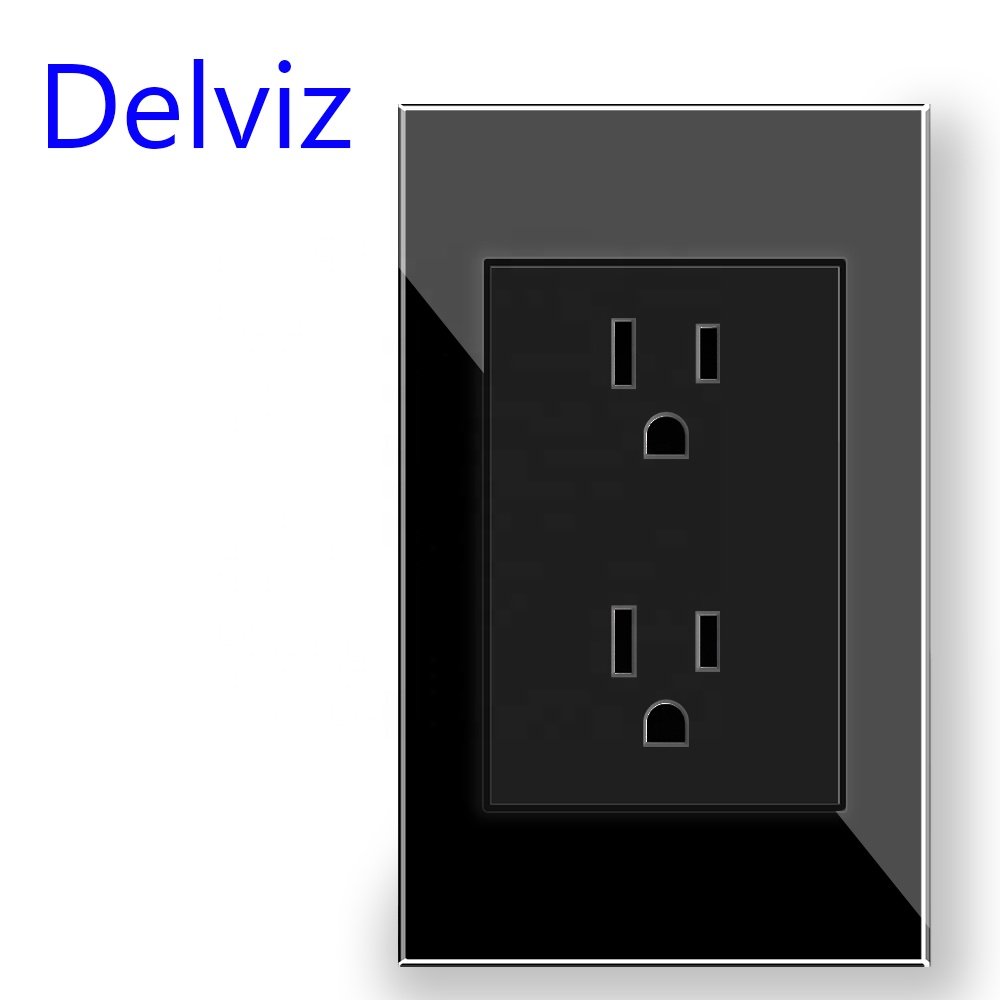 Delviz Tempered crystal glass panel 120mm*72mm, AC 110~250V, America 16A Electric plug Dual Outlet,US Standard Wall Power Socket