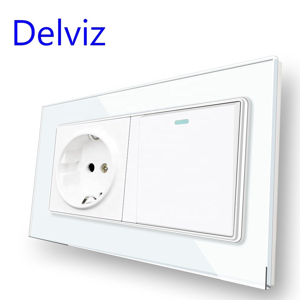 Delviz Tempered Glass Crystal Panel,AC 110V~250V,EU standard 16A Electric plug Outlet, 1 Gang Wall lamp switch with Power Socket