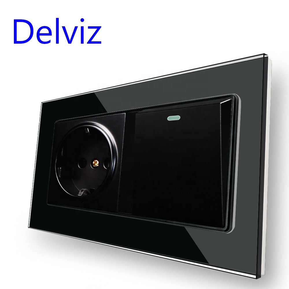 Delviz Tempered Glass Crystal Panel,AC 110V~250V,EU standard 16A Electric plug Outlet, 1 Gang Wall lamp switch with Power Socket