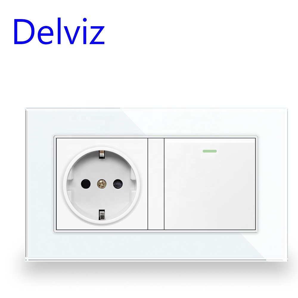 Delviz Tempered Glass Crystal Panel,AC 110V~250V,EU standard 16A Electric plug Outlet, 1 Gang Wall lamp switch with Power Socket