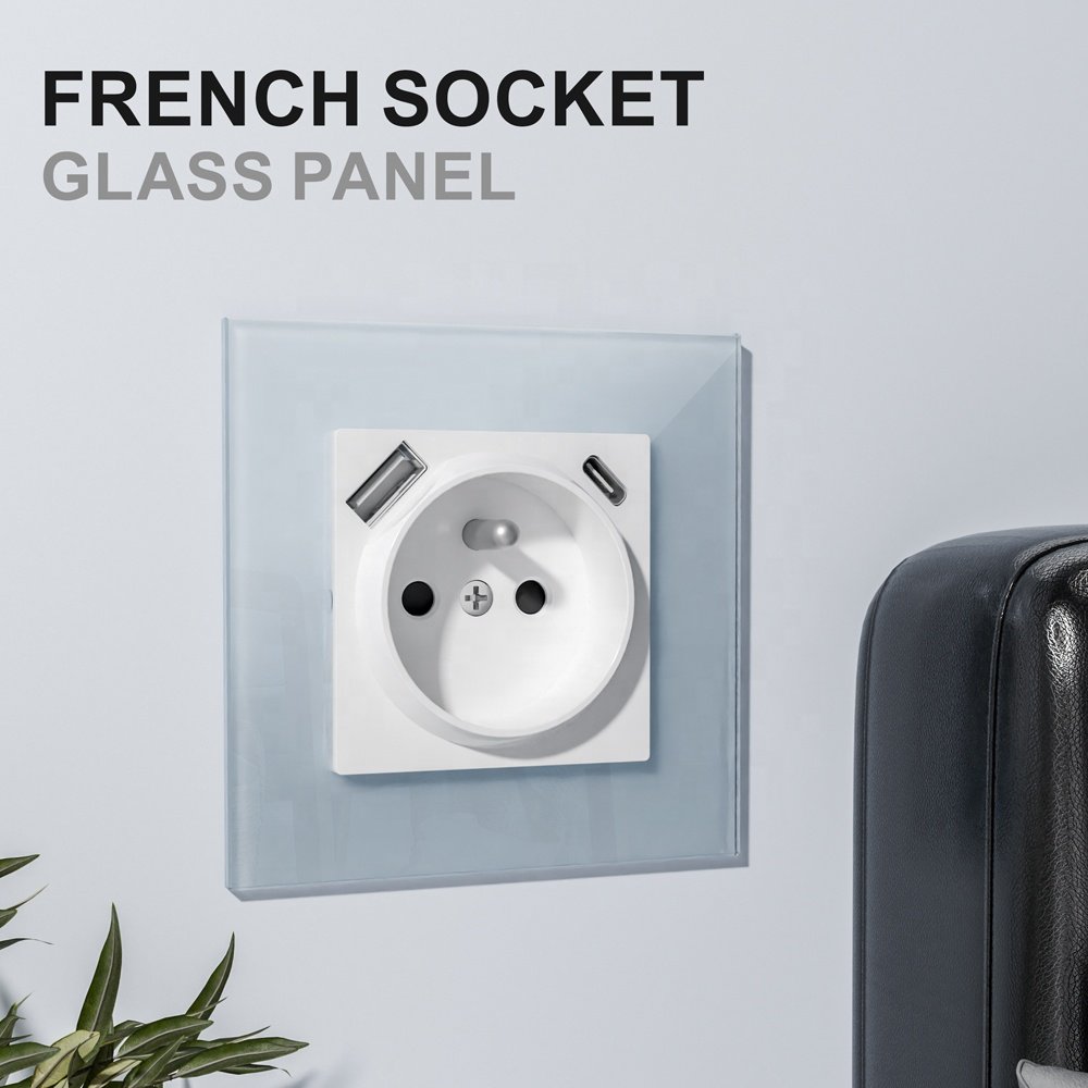 86*86MM EU Standard standard size tempered glass plug socket with type c usb 250A 16A