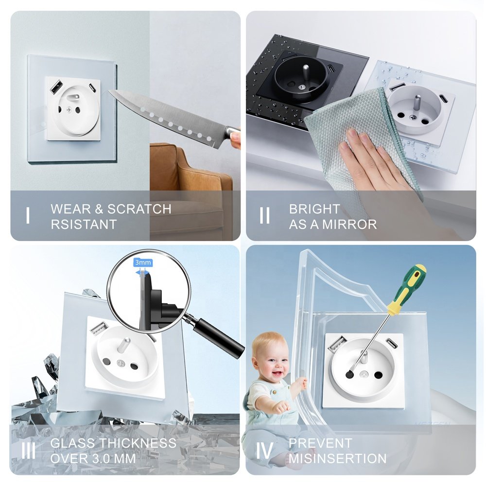 86*86MM EU Standard standard size tempered glass plug socket with type c usb 250A 16A
