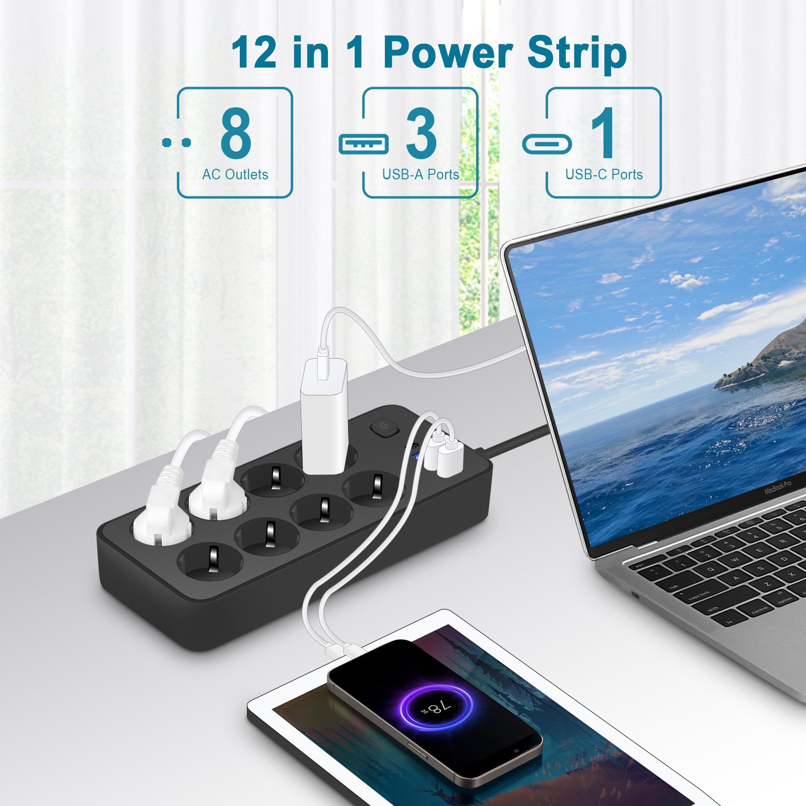 EU Standard New Trend Power Strip 8 AC with 4 USB Ports Switch Charging Electric Multi Socket Multi Layer Outlet Plug Adaptor