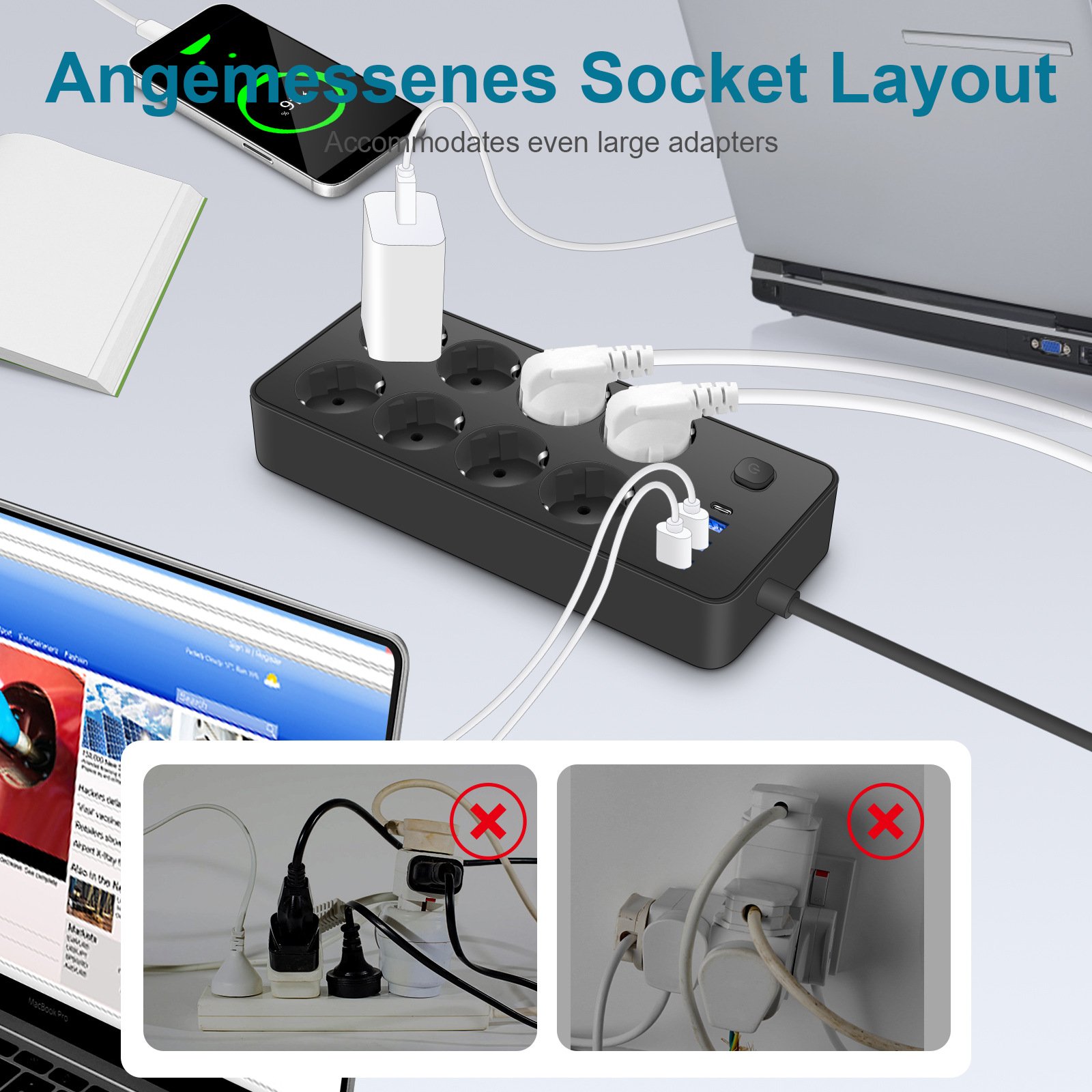 EU Standard New Trend Power Strip 8 AC with 4 USB Ports Switch Charging Electric Multi Socket Multi Layer Outlet Plug Adaptor