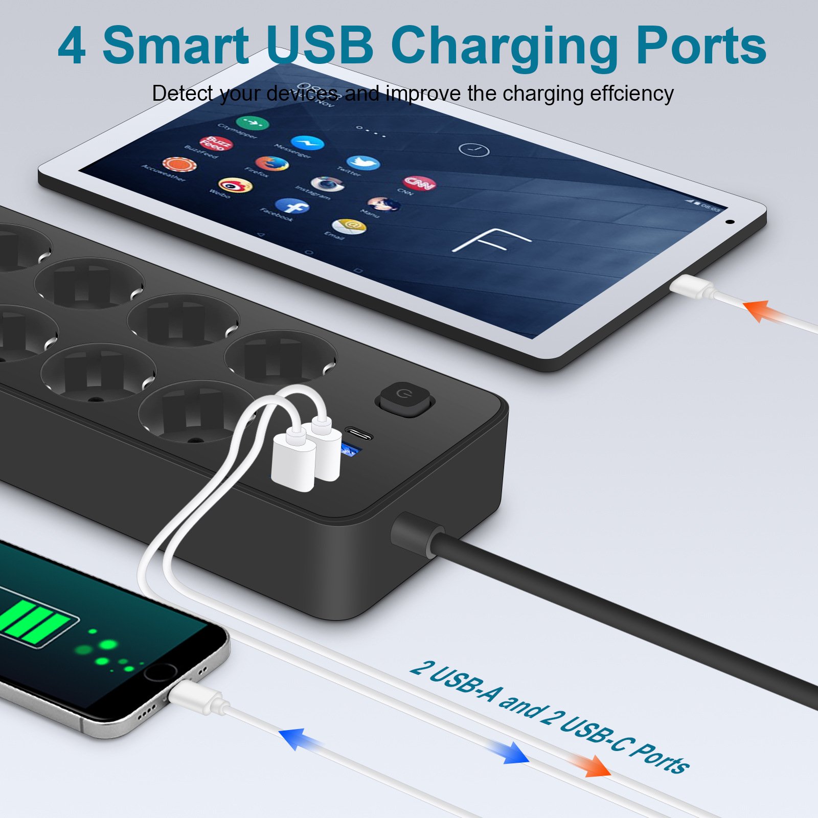 EU Standard New Trend Power Strip 8 AC with 4 USB Ports Switch Charging Electric Multi Socket Multi Layer Outlet Plug Adaptor