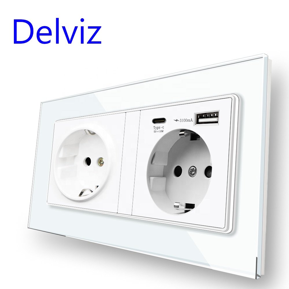 Delviz EU Standard Electric plug Wall Socket, 1A 1C Crystal glass panel, 5V 2A usb power port, 18W type C Quick charge Outlet