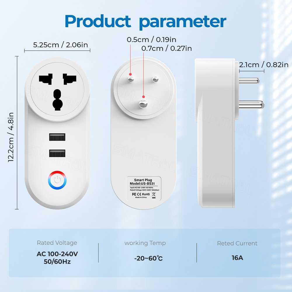 SMATRUL 3 Pin Plug South Africa India To Eu Uk Us Outlet Adapter Electrical For Google Home Alexa Tuya Wifi Smart USB Socket