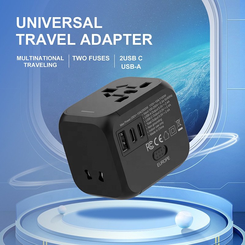 Universal All-in-One Power 1 USB 2 Type-C Outlet Ports Wall Charger International Travel Plug Adapter for laptops Cell Phones