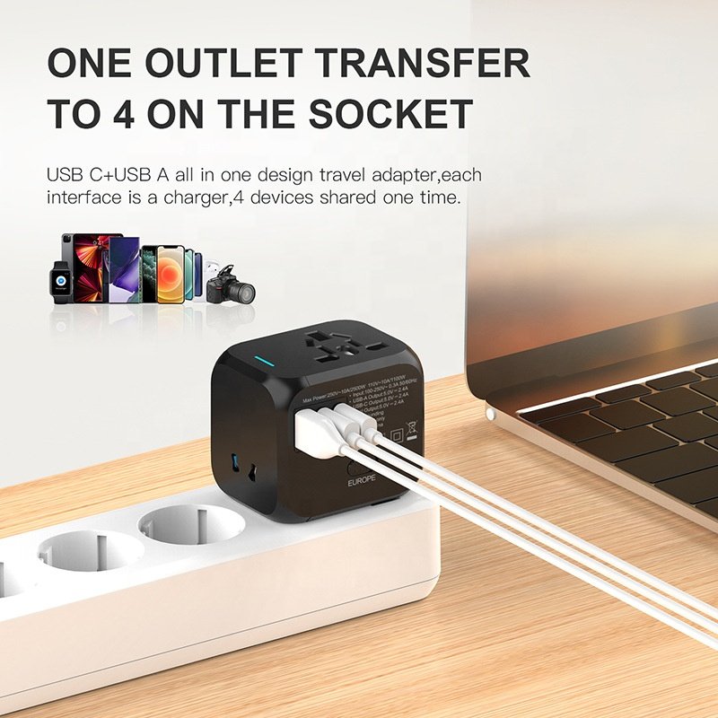 Universal All-in-One Power 1 USB 2 Type-C Outlet Ports Wall Charger International Travel Plug Adapter for laptops Cell Phones