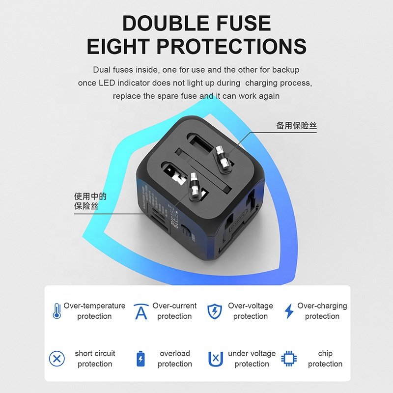 Universal All-in-One Power 1 USB 2 Type-C Outlet Ports Wall Charger International Travel Plug Adapter for laptops Cell Phones
