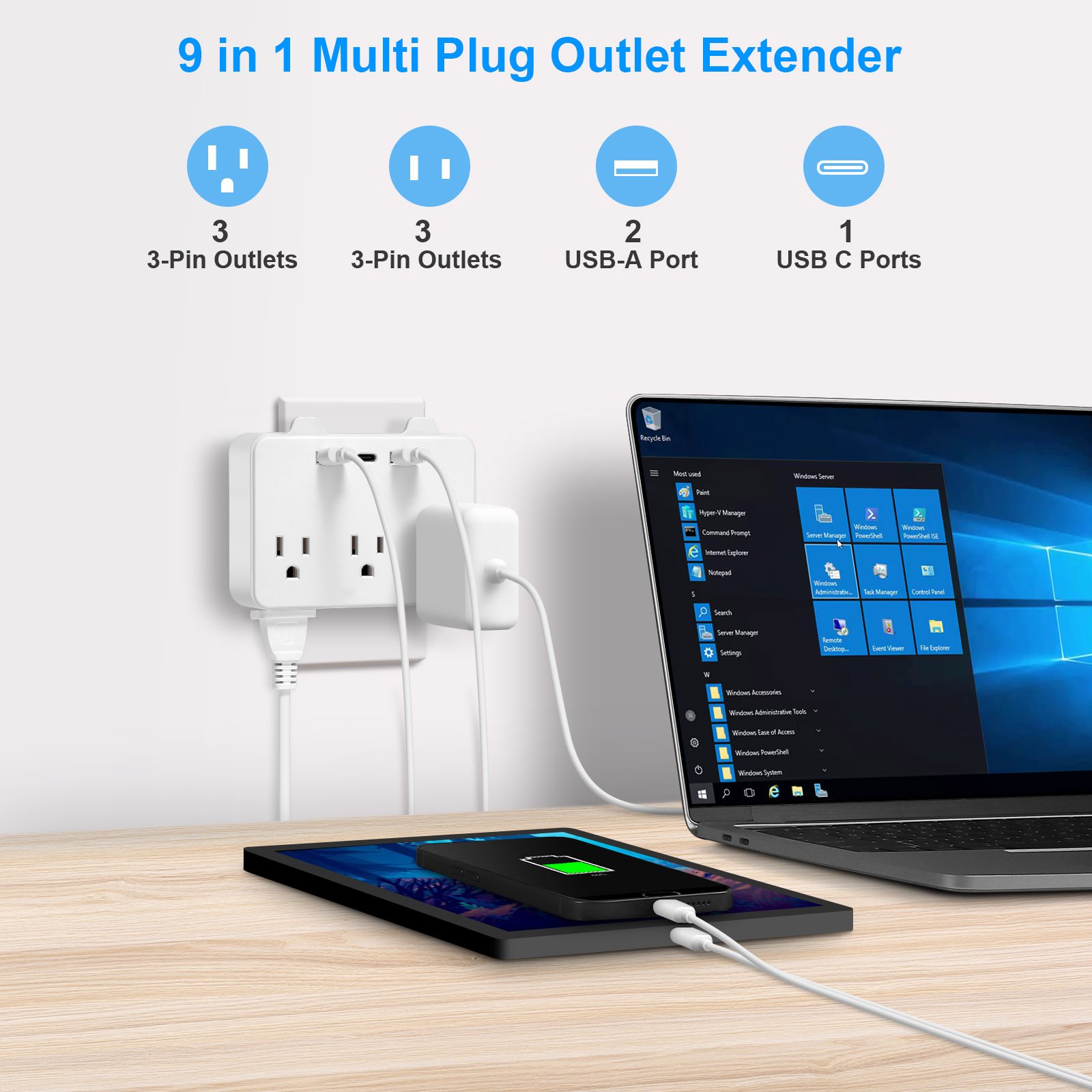 Multi Plug Outlet extender with 6 Electrical socket extender Adapter Wall socket outlet with 4USB ports
