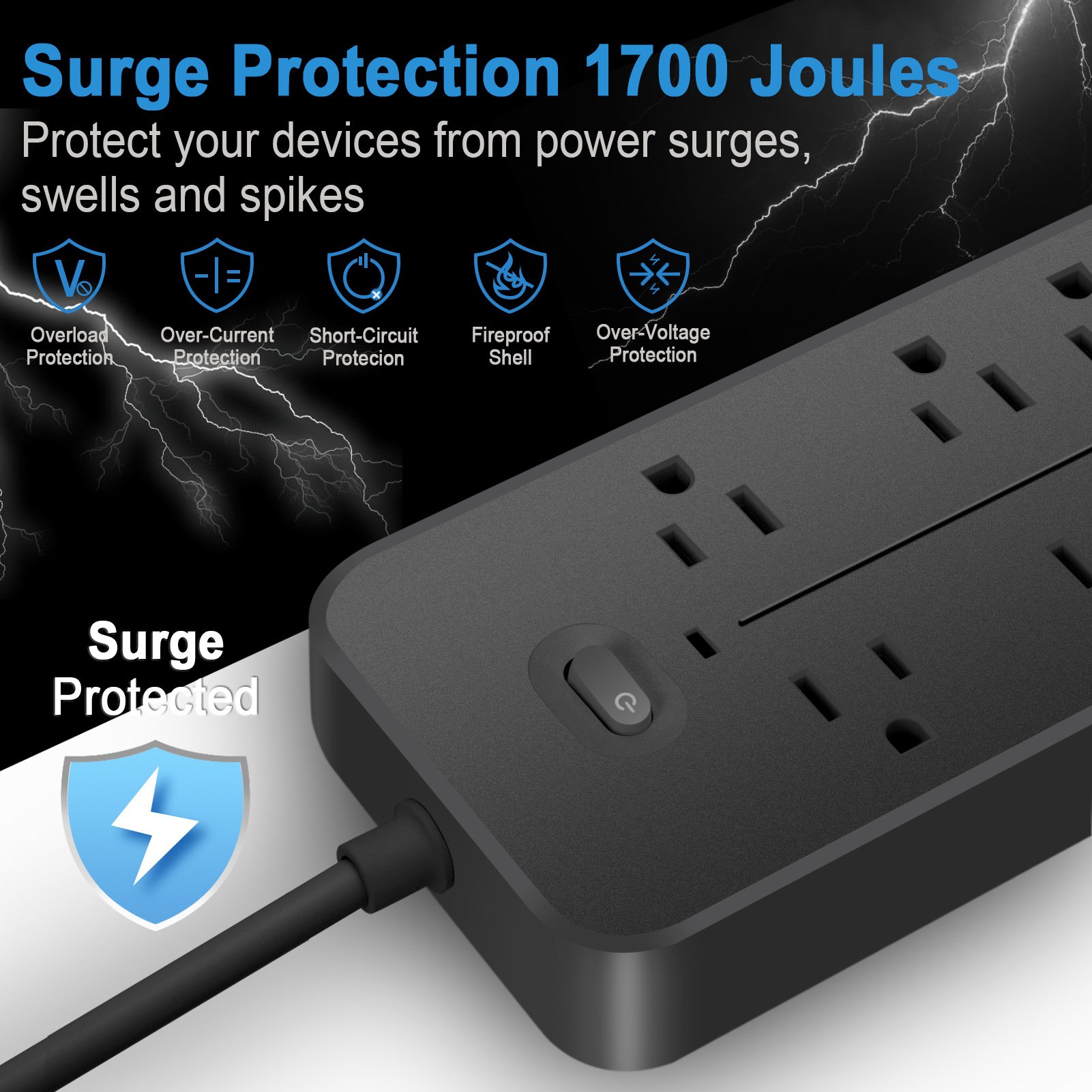 US Power Strip 6 AC Outlets 10A 110v 3 USB Ports Sockets 1 TYPE-C Smart Patch Panel 2000w Black Power Surge Protection Plug