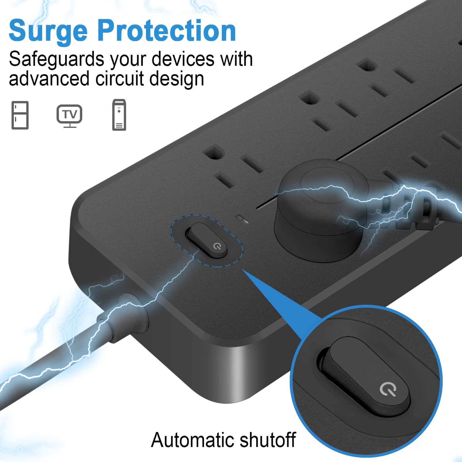 US Power Strip 6 AC Outlets 10A 110v 3 USB Ports Sockets 1 TYPE-C Smart Patch Panel 2000w Black Power Surge Protection Plug