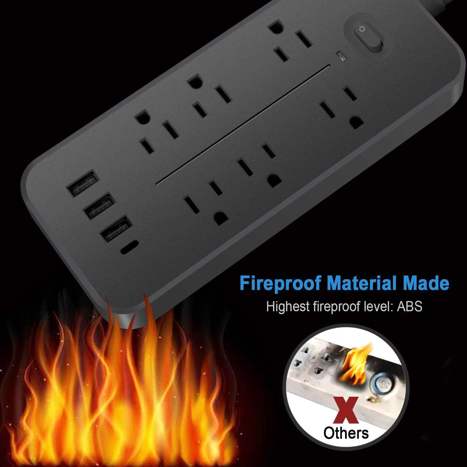US Power Strip 6 AC Outlets 10A 110v 3 USB Ports Sockets 1 TYPE-C Smart Patch Panel 2000w Black Power Surge Protection Plug