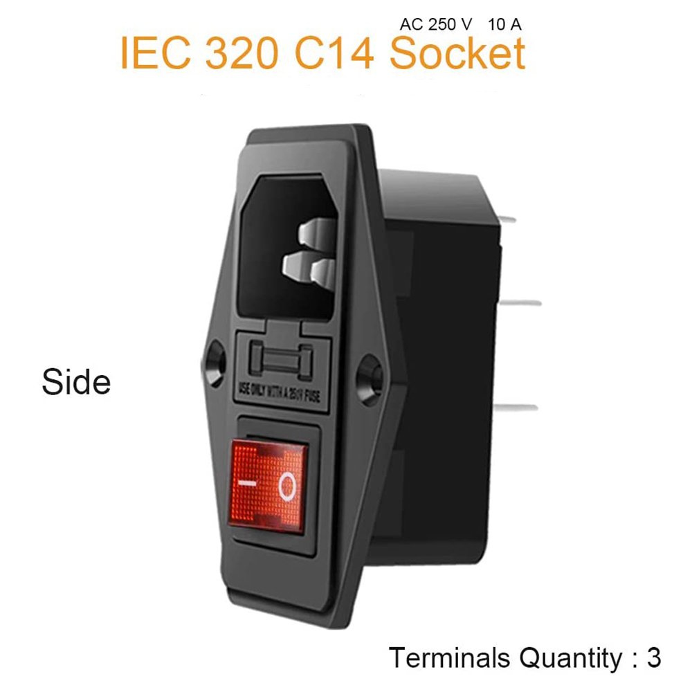 IEC 320 C14 Panel Mount Plug Adapter Power Socket Black Screw Mount Red button AC 250V 10A 3 Pins Inlet Power Plug Socket