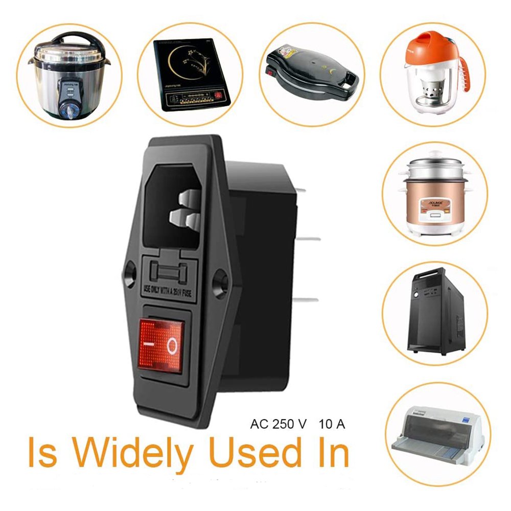 IEC 320 C14 Panel Mount Plug Adapter Power Socket Black Screw Mount Red button AC 250V 10A 3 Pins Inlet Power Plug Socket