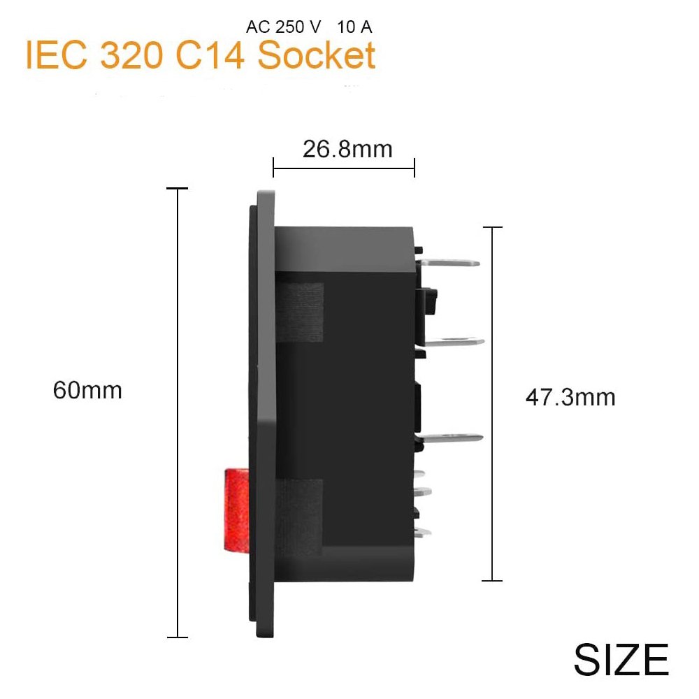 IEC 320 C14 Panel Mount Plug Adapter Power Socket Black Screw Mount Red button AC 250V 10A 3 Pins Inlet Power Plug Socket