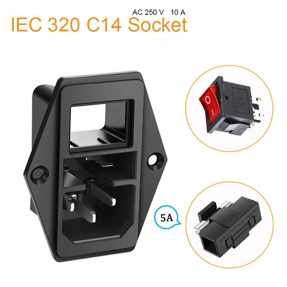 IEC 320 C14 Panel Mount Plug Adapter Power Socket Black Screw Mount Red button AC 250V 10A 3 Pins Inlet Power Plug Socket