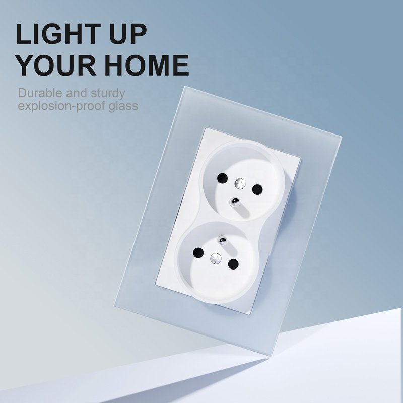 EU Wall Ground Socket 250V 16A France Tampered Glass Panel Double Plug Socket 2P+T Wall Socket
