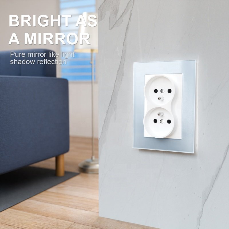 EU Wall Ground Socket 250V 16A France Tampered Glass Panel Double Plug Socket 2P+T Wall Socket