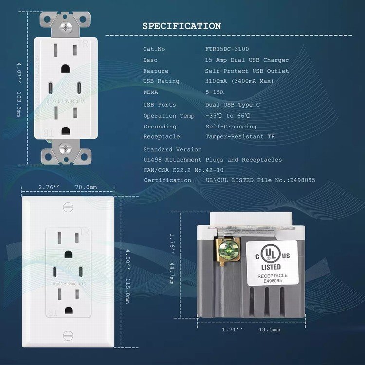 UL Listed 3.1A 3.6A 4.2 amp 3.0 Quick High Speed Charger Type A & Type C wall plug usa socket electric usb outlet