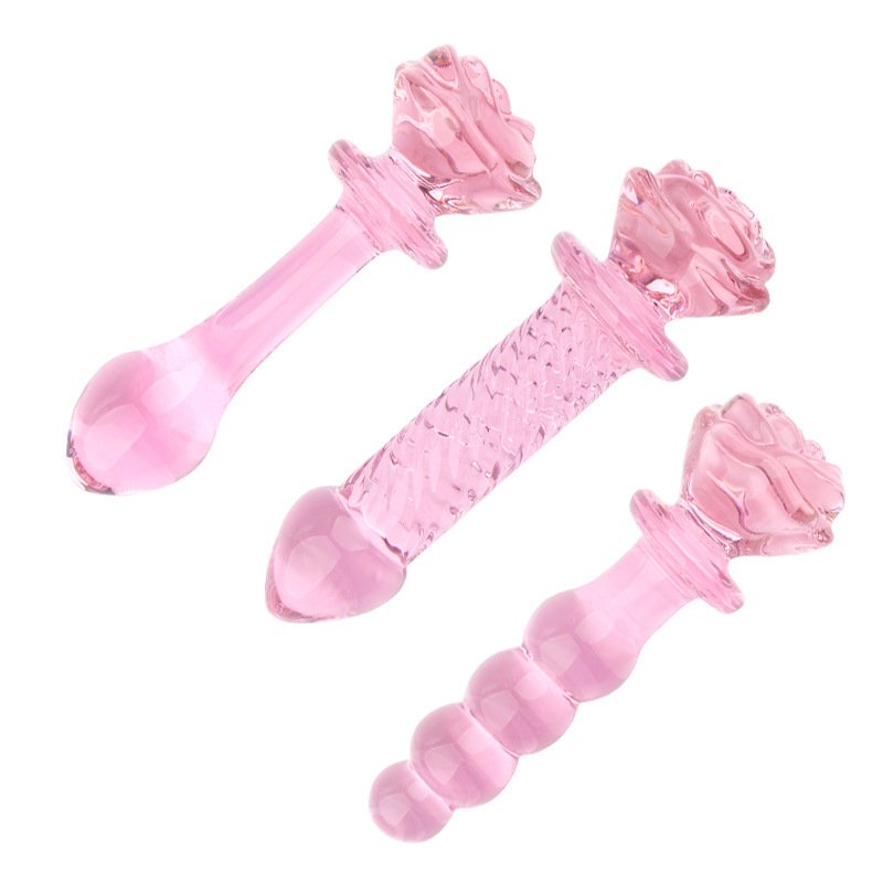 Wholesale G Spot Stimulation Pleasure Pink Rose Flower Crystal Glass Wand Dildos Anal Plug Sex Toys