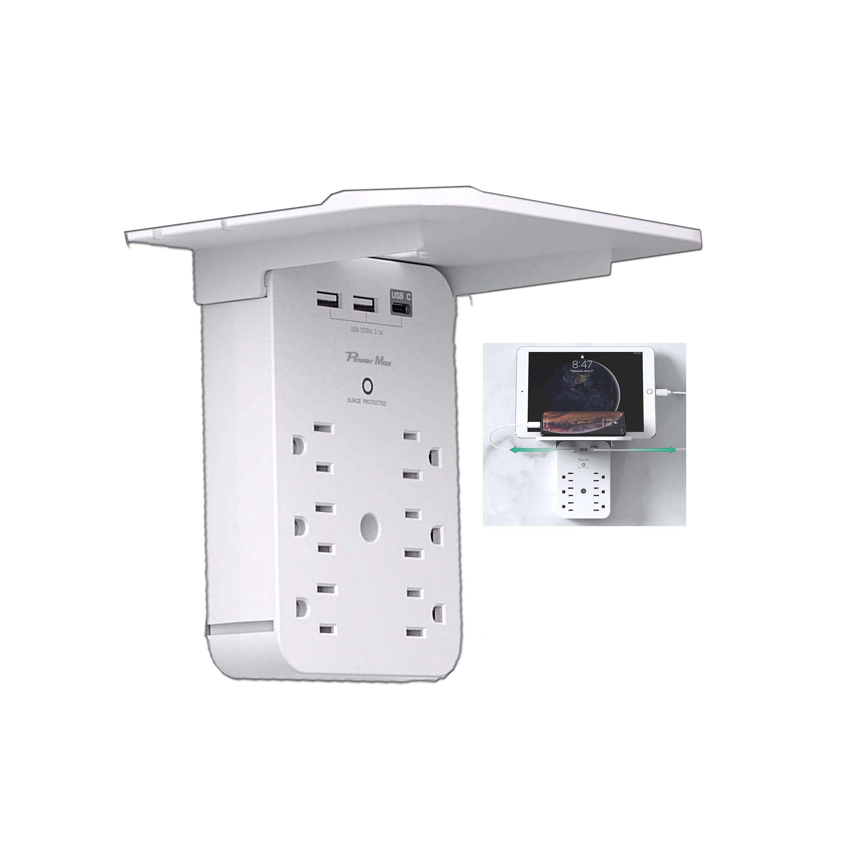 USB Wall Charger 3-sided Surge Protector multi Plug, 5 Outlet Extender with 4 USB Charging Ports 1 USBC 4.5A