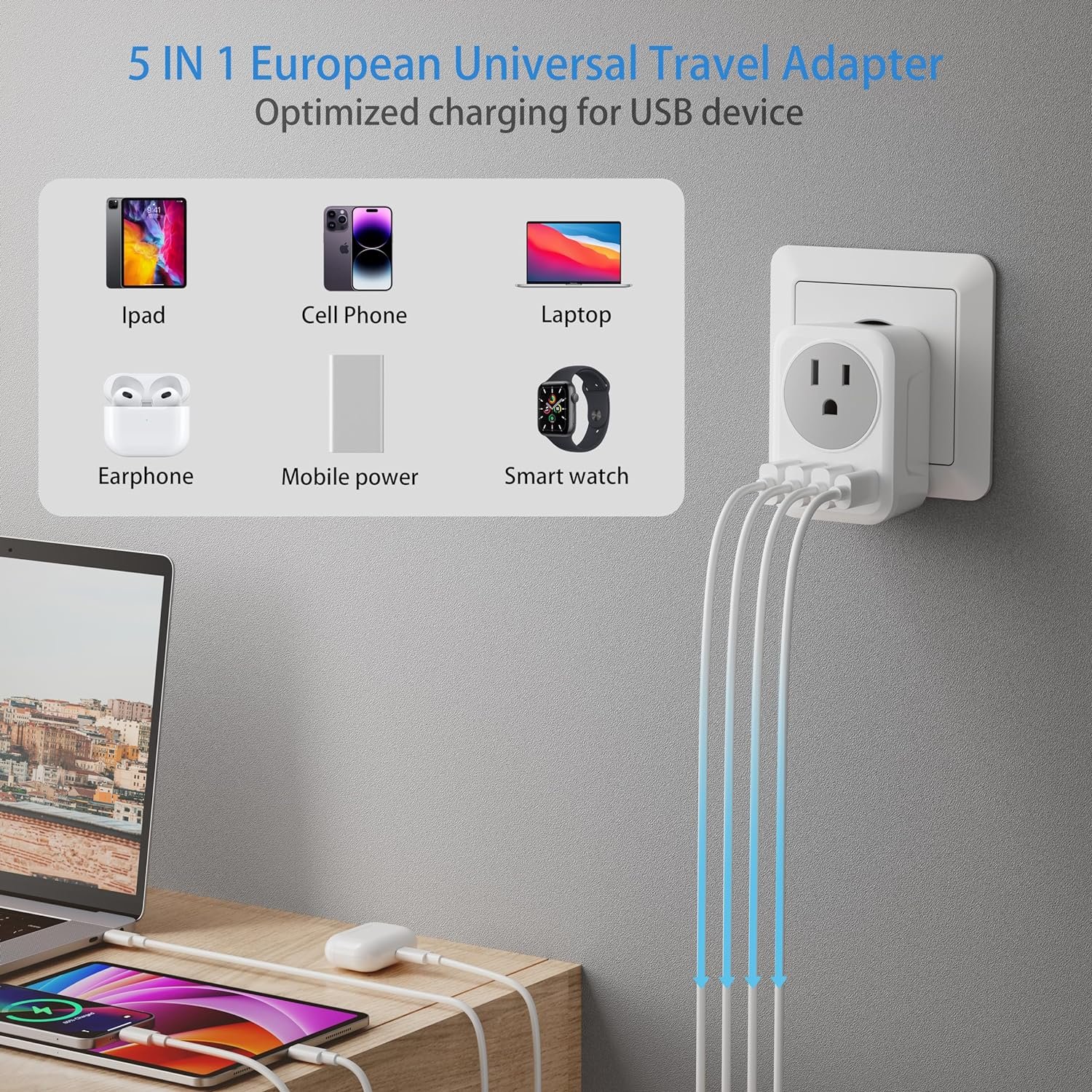 Travel Adapter US Socket to EU Plug with 3 USB Ports and Type-C Port