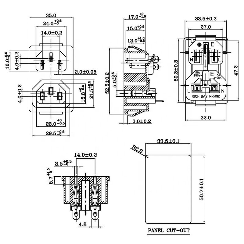 15A 250VAC IEC 60320 C13 C14 combine socket 2 in 1 power inlet outlet plug socket