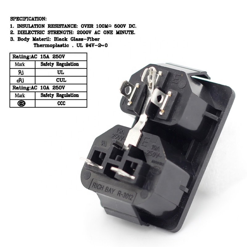 15A 250VAC IEC 60320 C13 C14 combine socket 2 in 1 power inlet outlet plug socket