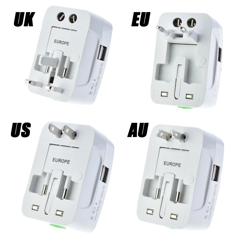 EU US UK AU Swiss Brazil Indonesia Canada France world all in one universal promotional travel adaptors with 2 usb
