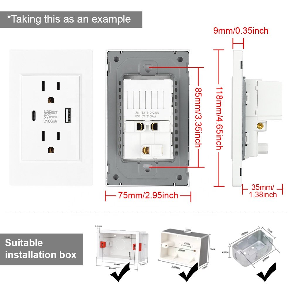 Socket with usb and type c American home power wall switch plug charger usb socket