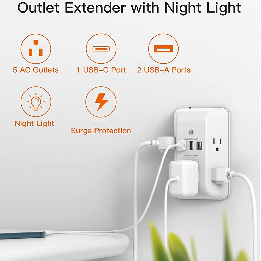 5-in-1 Multi Plug Outlet with LED Night Light Outlet Extender Dusk to Dawn Auto On/Off Sensor Wall power strip surge protector