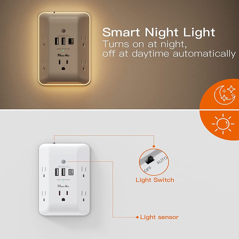 5-in-1 Multi Plug Outlet with LED Night Light Outlet Extender Dusk to Dawn Auto On/Off Sensor Wall power strip surge protector