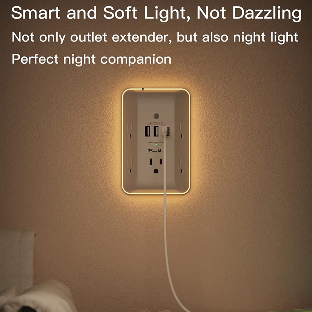 5-in-1 Multi Plug Outlet with LED Night Light Outlet Extender Dusk to Dawn Auto On/Off Sensor Wall power strip surge protector