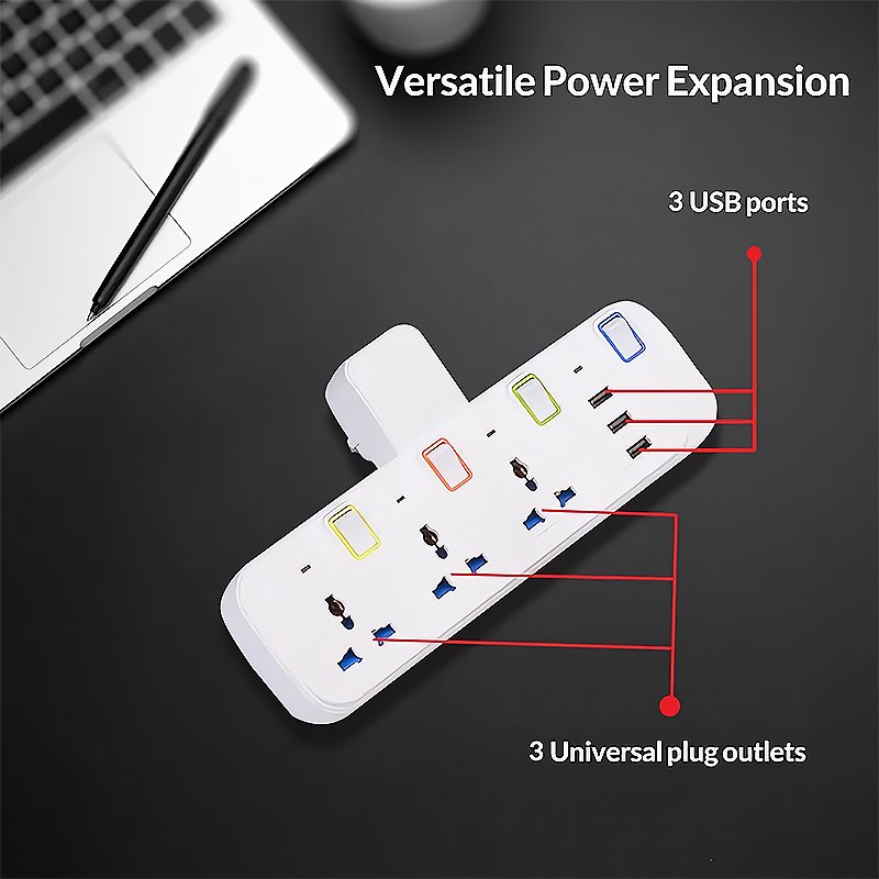 UK Wireless Universal Plug Splitter Extension Power Strip With 3 USB Charger AC220~240V 10A For Home Office