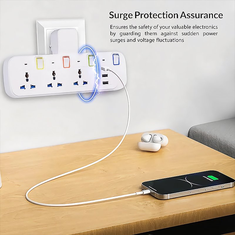 UK Wireless Universal Plug Splitter Extension Power Strip With 3 USB Charger AC220~240V 10A For Home Office