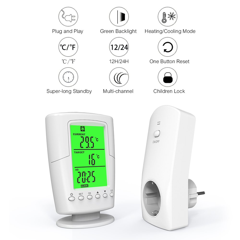 Smart Wireless Remote Control Thermostat+ Plug in Socket Heating Cooling Program Temperature Controller with LCD Backlight